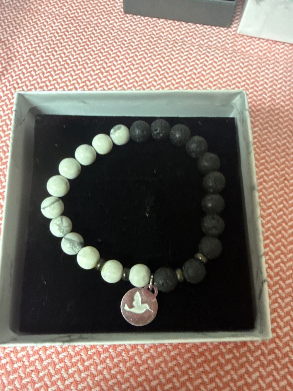 White quartz in lava stone, silver Dove beaded bracelet